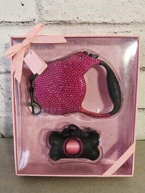 Bling Pink Rhinestone Retractable Dog Leash Dispenser Set NIB